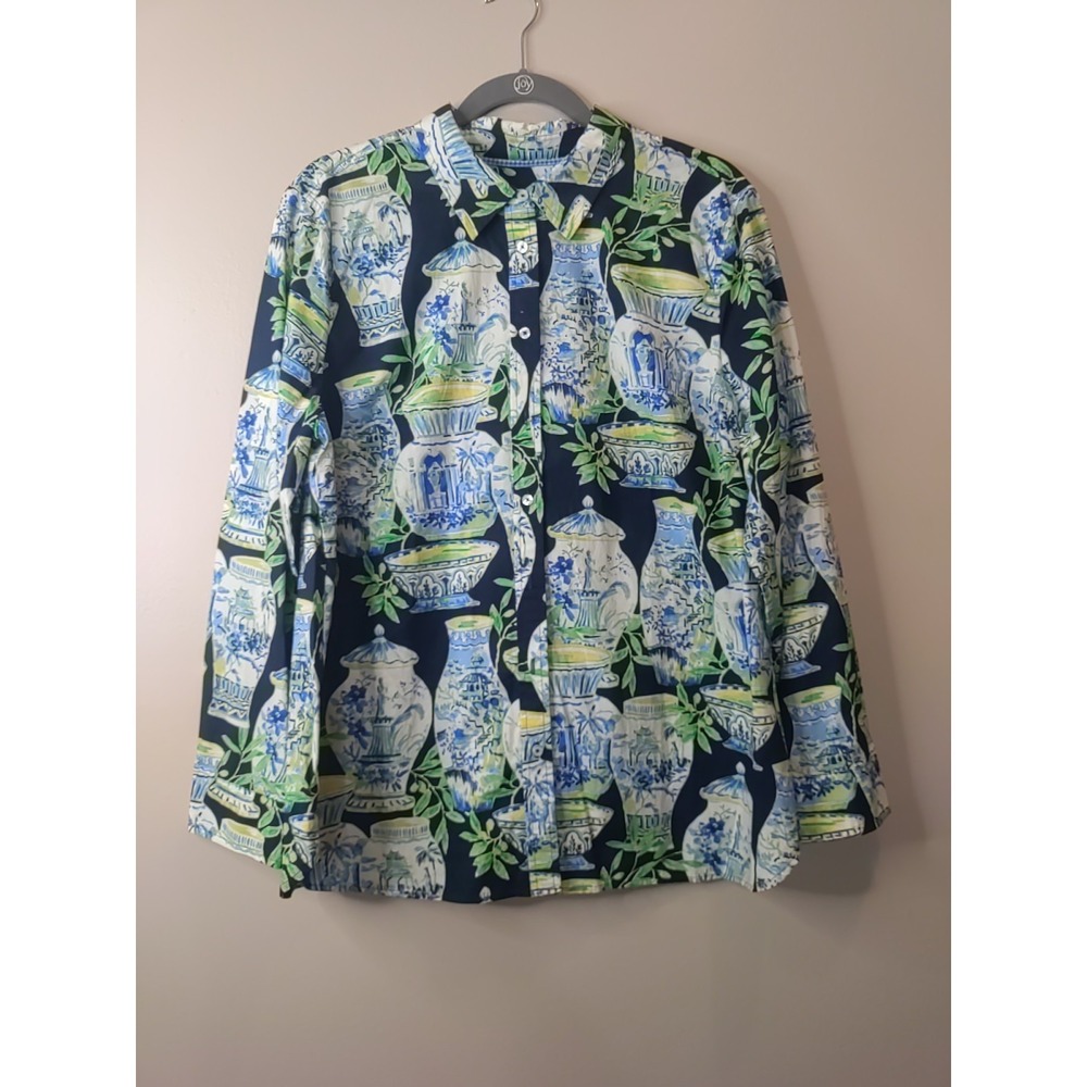 Talbots Blue Multicolor Pattern Vase Theme Longsleeve Button Down Shirt Size XL - Picture 1 of 7